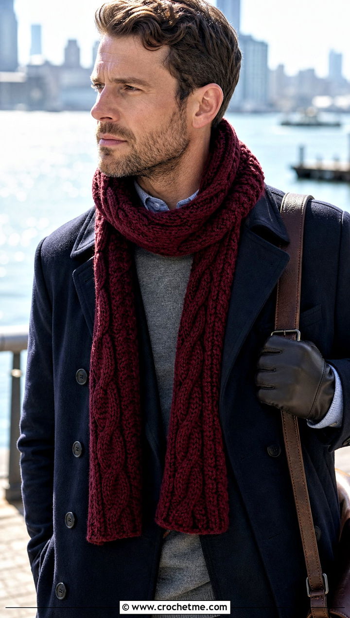 Cable Texture Crochet Scarf With Peacoat - 20 men's crocheted scarf outfit ideas