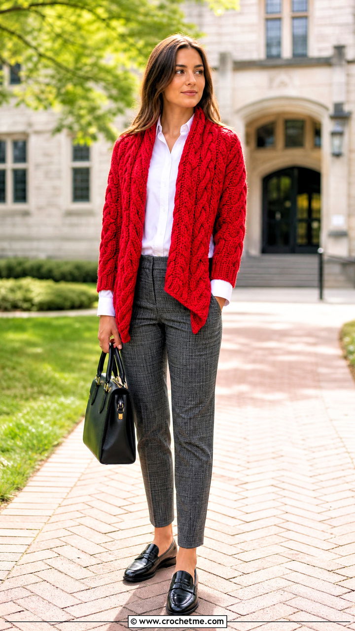 Cable Texture Crochet Scarf With Sleeves And Plaid Trousers - 35 crochet scarf with sleeves outfit ideas