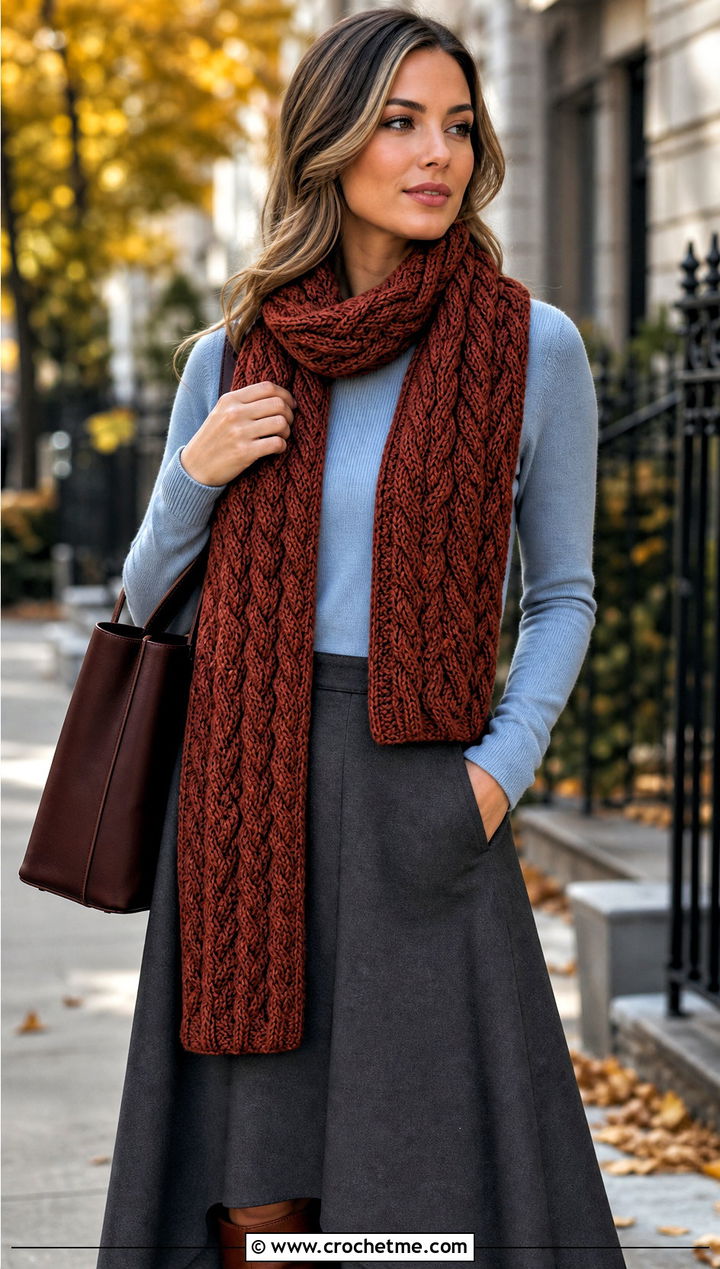 Cable Texture Crochet Scarf With Sweater And Maxi Skirt - 30 unique crochet scarf outfit ideas