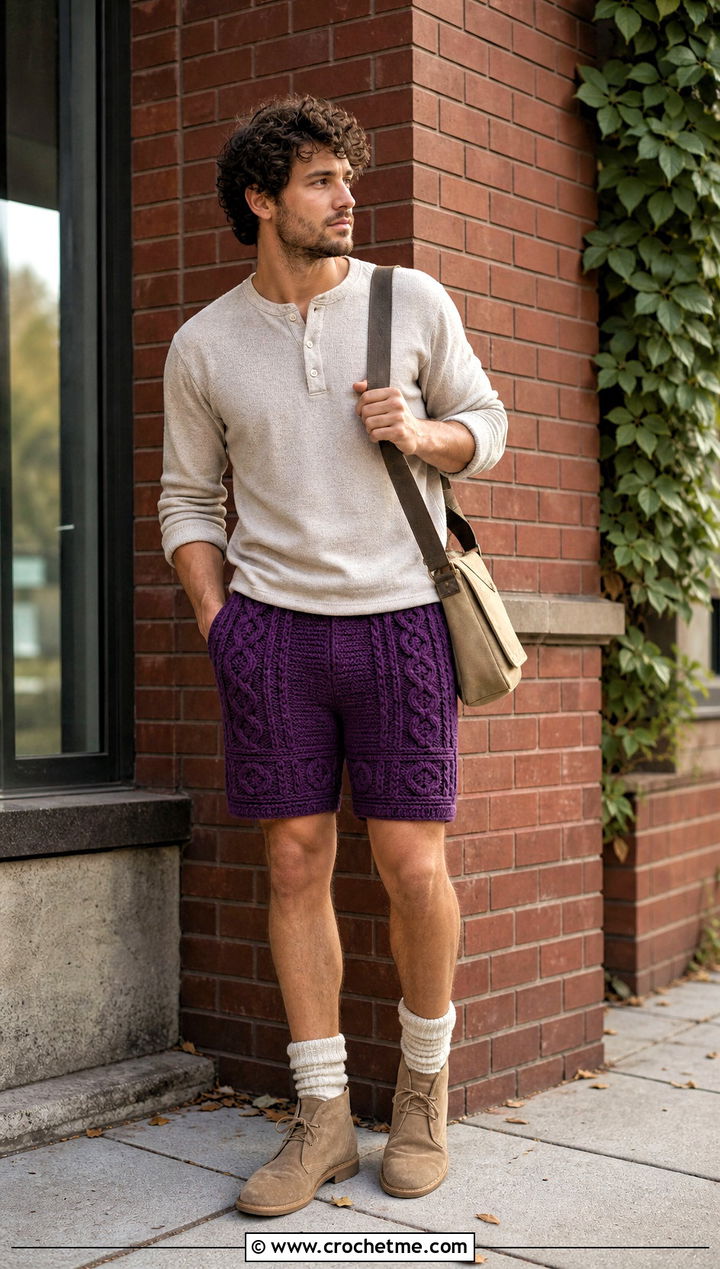 Cable Texture Crochet Shorts With Henley Shirt - 25 Crochet Shorts Mens outfit ideas