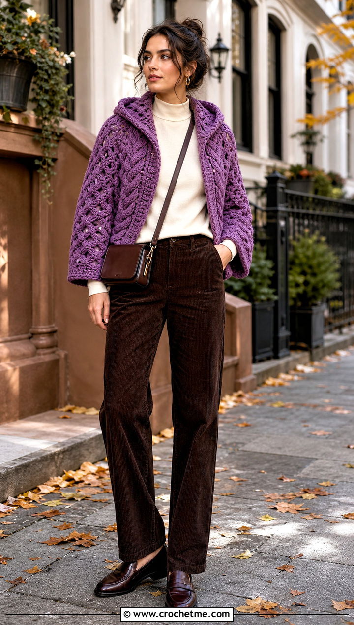 Cable Texture Crochet Shrug With Hood And Corduroy Pants - 25 crochet shrug with hood outfit ideas