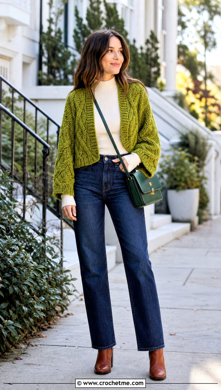 Cable Texture Crochet Shrug With Straight Jeans - 25 Crochet Mini Sweater outfit ideas