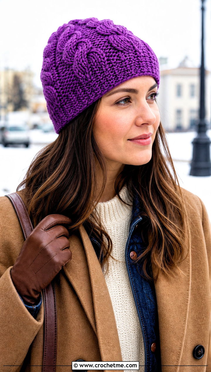 Cable Texture Crochet Ski Hat With Camel Coat And Dark Denim - 30 crochet ski hat outfit ideas