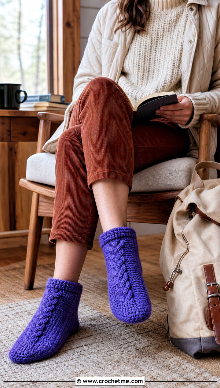 Cable Texture Crochet Slipper Socks With Corduroy Pants - 25 Crochet Slipper Socks outfit ideas