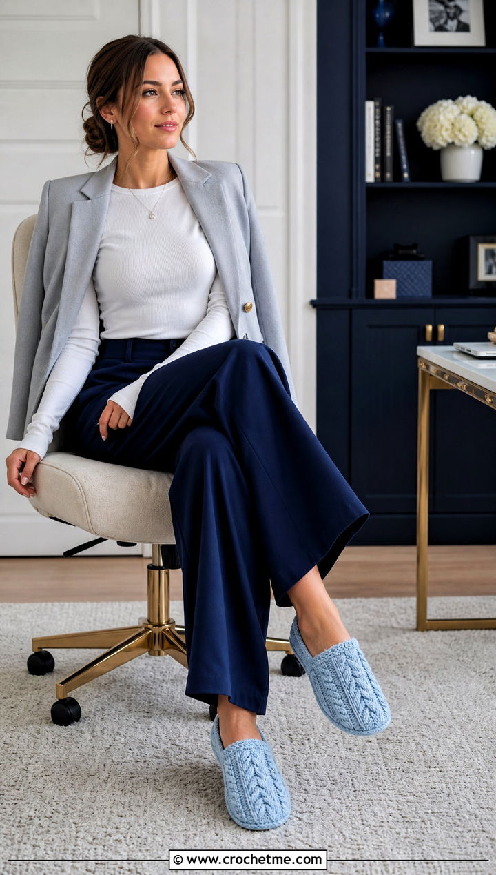 Cable Texture Crochet Slippers With Wide Leg Pants - 25 simple crochet slippers outfit ideas