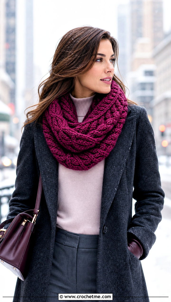 Cable Texture Crochet Snood Cowl With Wool Coat - 20 crochet snood cowl outfit ideas