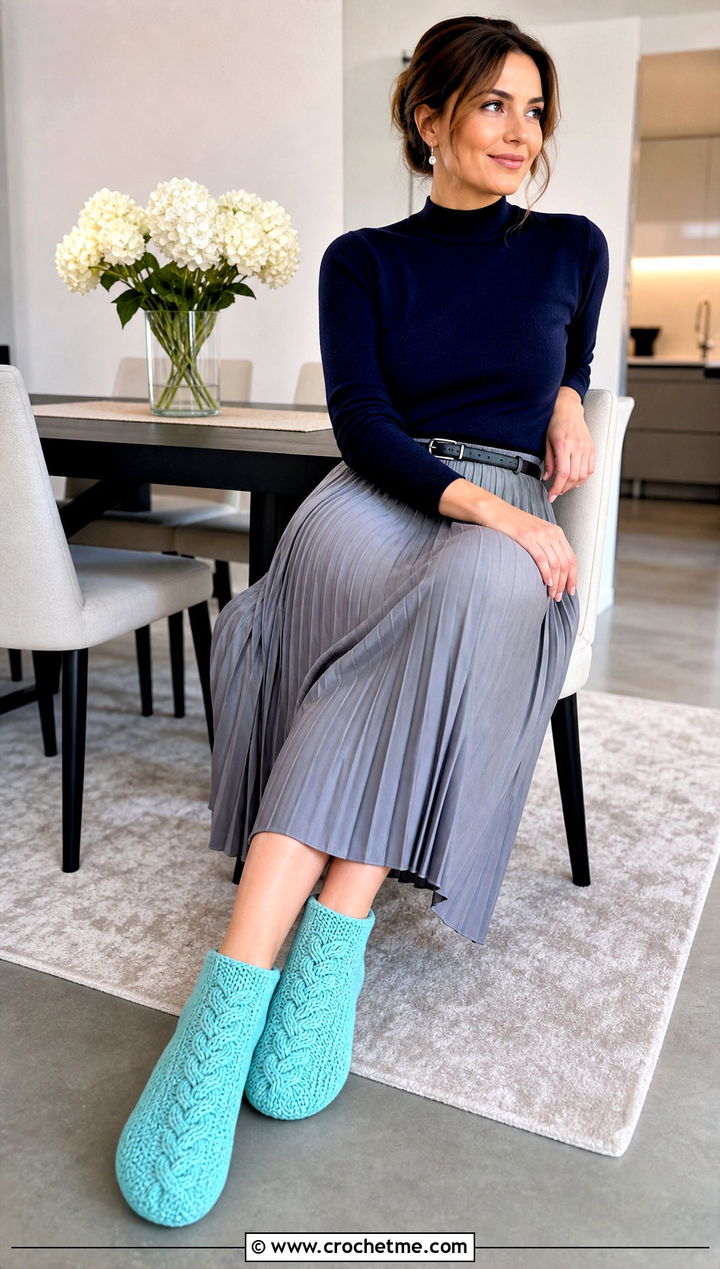 Cable Texture Crochet Sock Slippers With Pleated Skirt - 25 crochet sock slippers outfit ideas