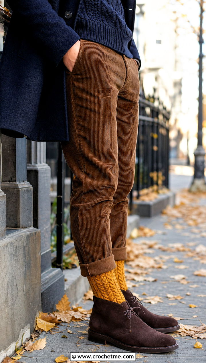Cable Texture Crochet Socks With Sweater And Corduroy Pants - 25 men's crochet socks outfit ideas
