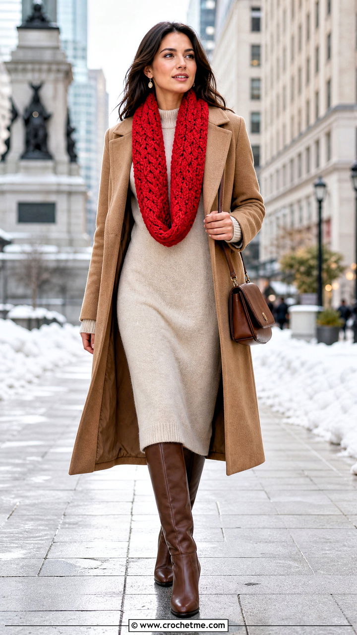 Cable Texture Crochet Sophie Scarf With Sweater Dress And Knee Boots - 35 crochet sophie scarf outfit ideas