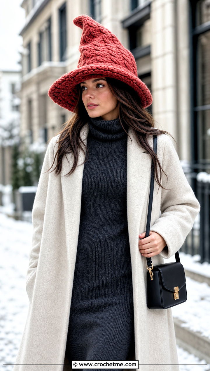 Cable Texture Crochet Sorting Hat With Knit Dress - 35 crochet sorting hat outfit ideas