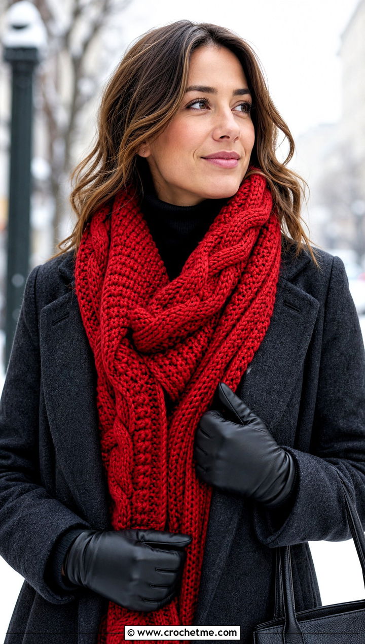 Cable Texture Crochet Sweater Scarf Wrap With Wool Coat - 30 crochet scarf sweater wrap outfit ideas