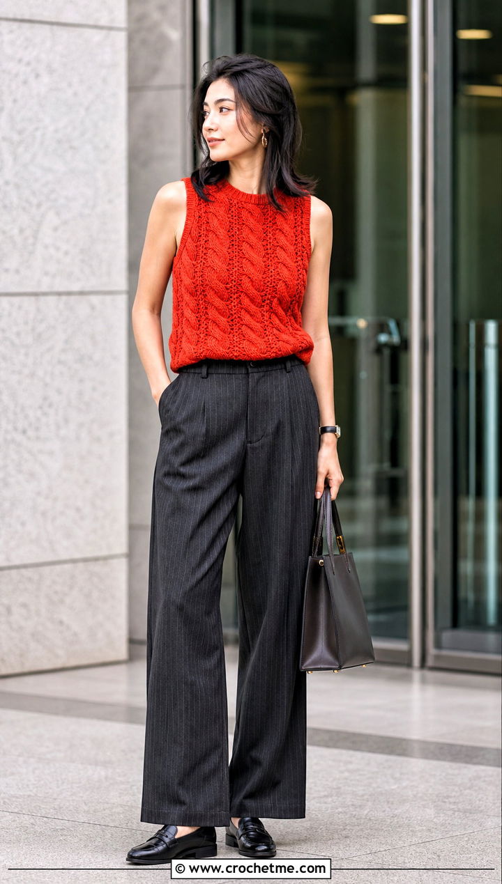 Cable Texture Crochet Sweater Tank With Pinstripe Pants - 25 Crochet Sweater Tank outfit ideas