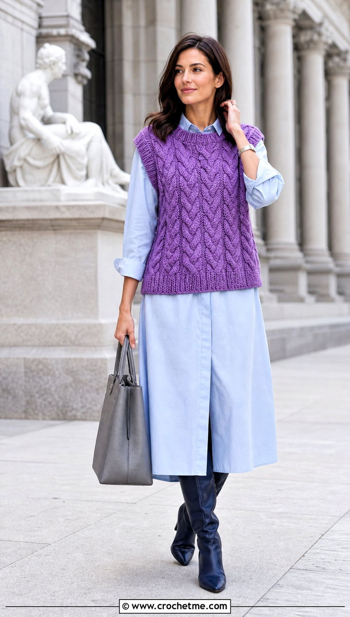 Cable Texture Crochet Sweater Vest With Shirt Dress - 25 diy crochet sweater vest outfit ideas