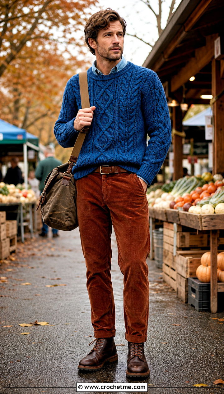 Cable Texture Crochet Sweater With Corduroy Pants - 35 men's crochet sweater ideas