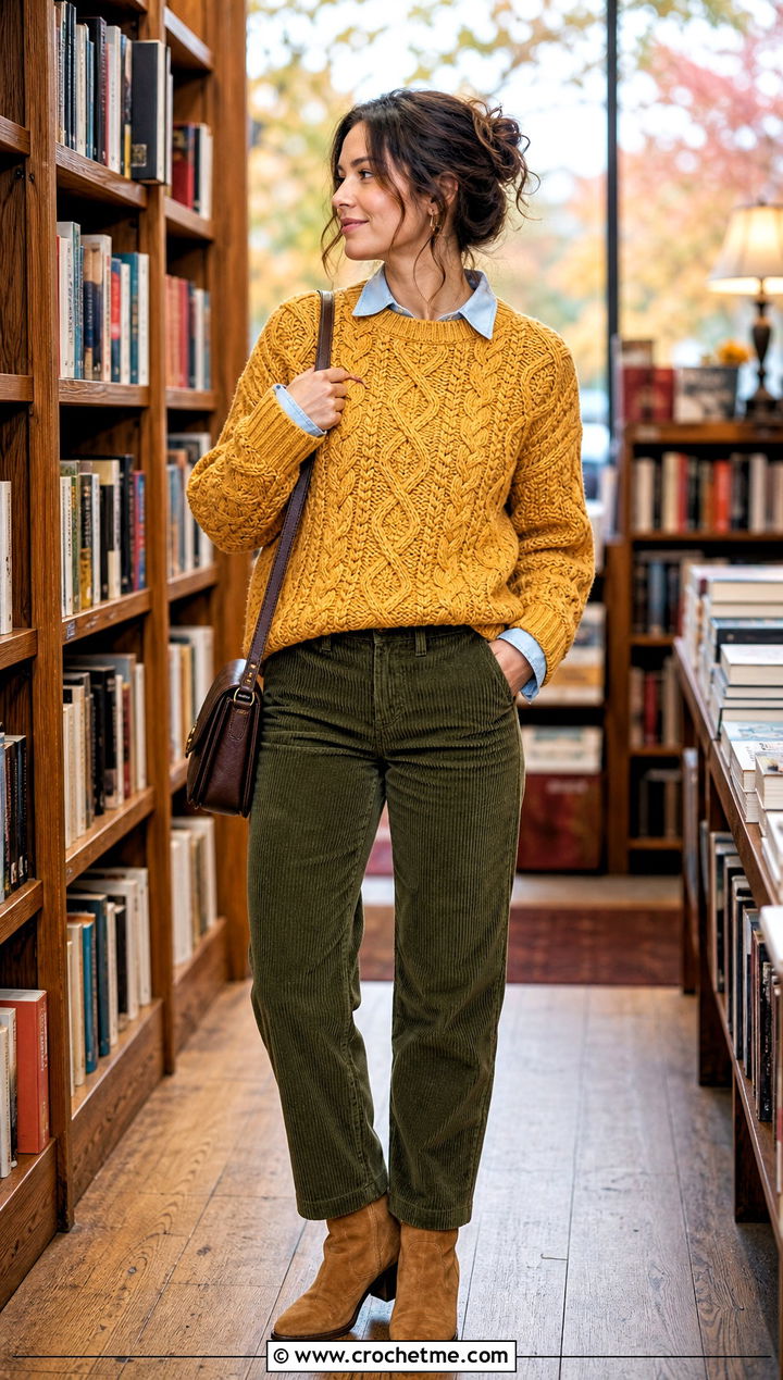 Cable Texture Crochet Sweater With Corduroy Pants - 15 Sweaters To Crochet For Women outfit ideas