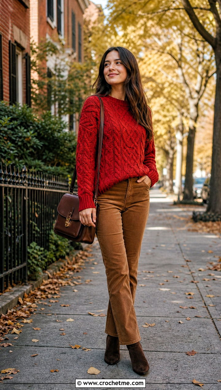Cable Texture Crochet Sweater With Corduroy Pants - 30 cozy crochet sweater outfit ideas