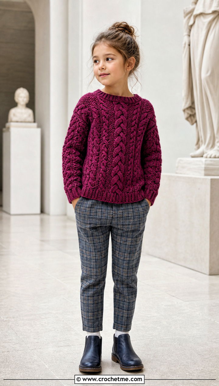 Cable Texture Crochet Sweater With Plaid Pants - 15 Crochet Childs Sweater outfit ideas