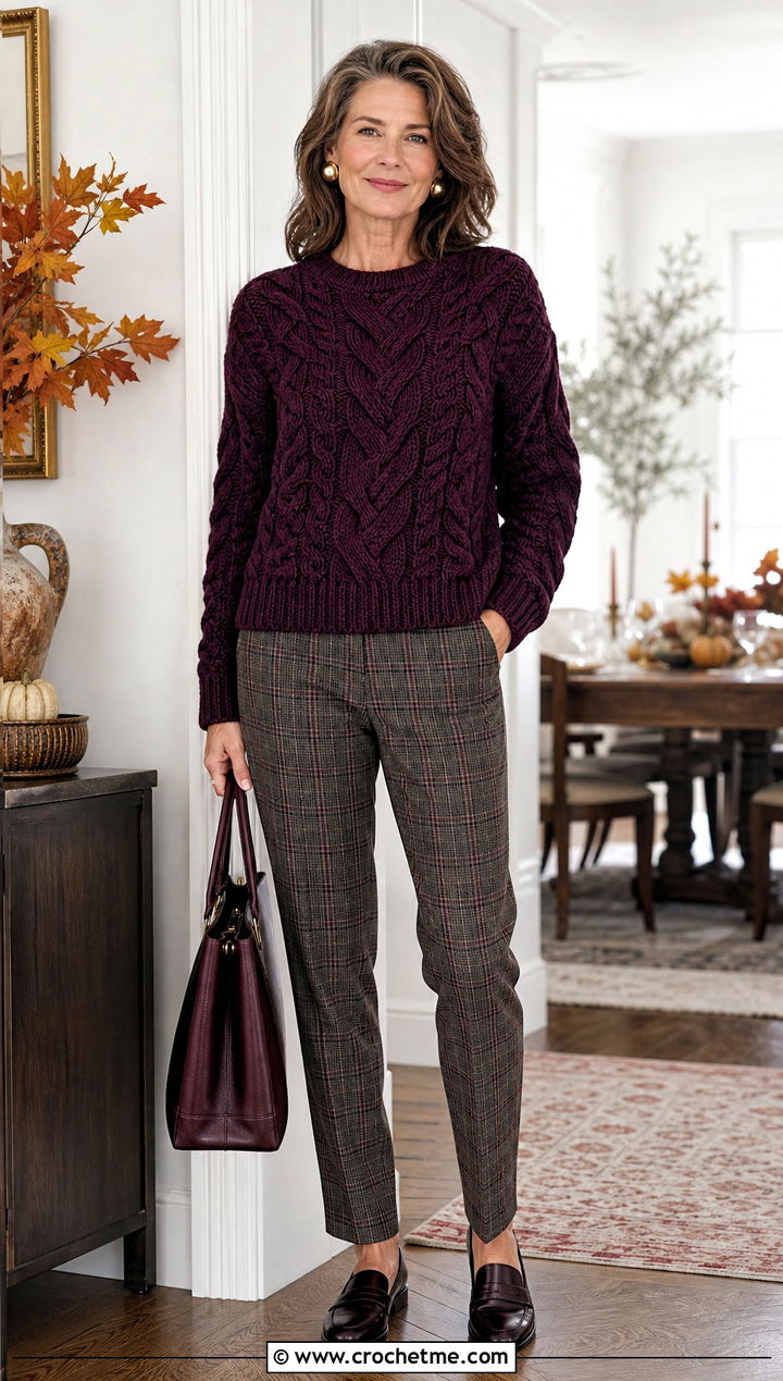 Cable Texture Crochet Sweater With Plaid Trousers - 25 Crochet Thanksgiving Sweater outfit ideas