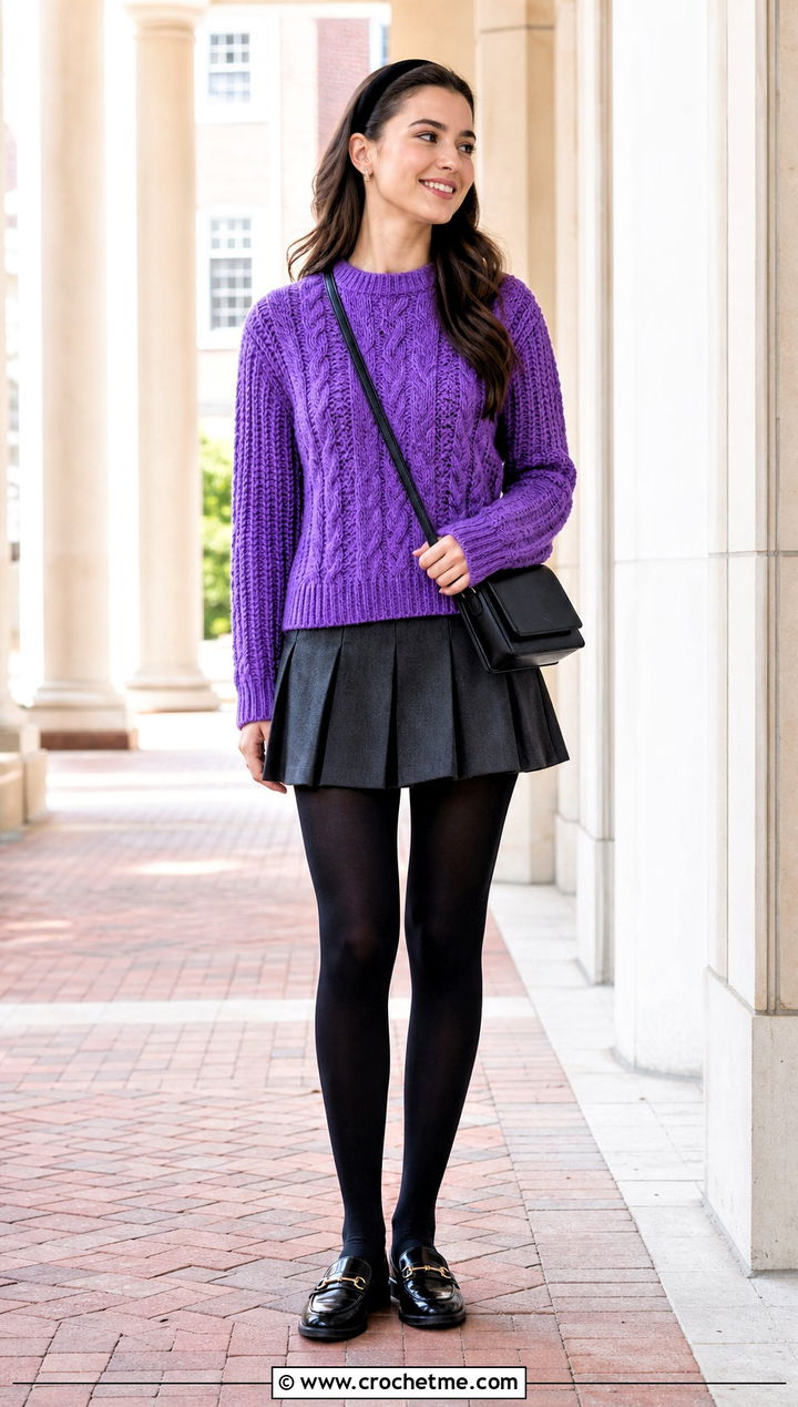 Cable Texture Crochet Sweater With Pleated Mini Skirt - 25 Crochet Textured Sweater outfit ideas