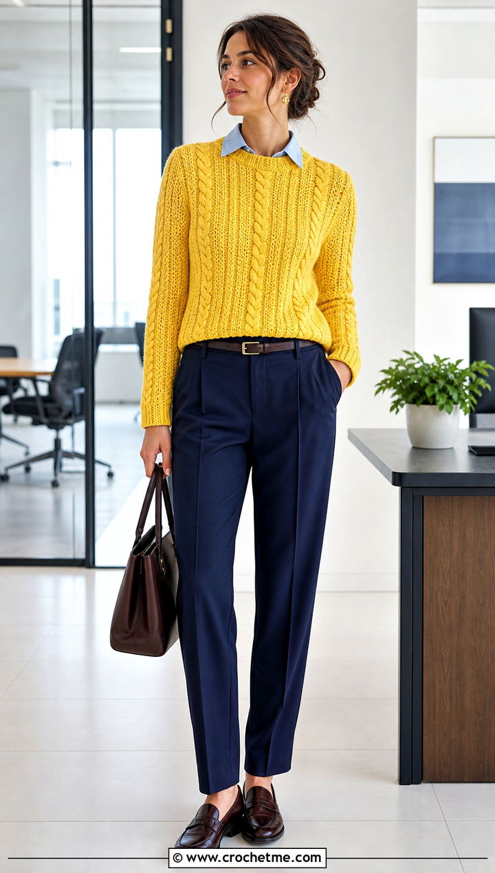 Cable Texture Crochet Sweater With Pleated Trousers - 15 Customizable Crochet Sweater Design outfit ideas