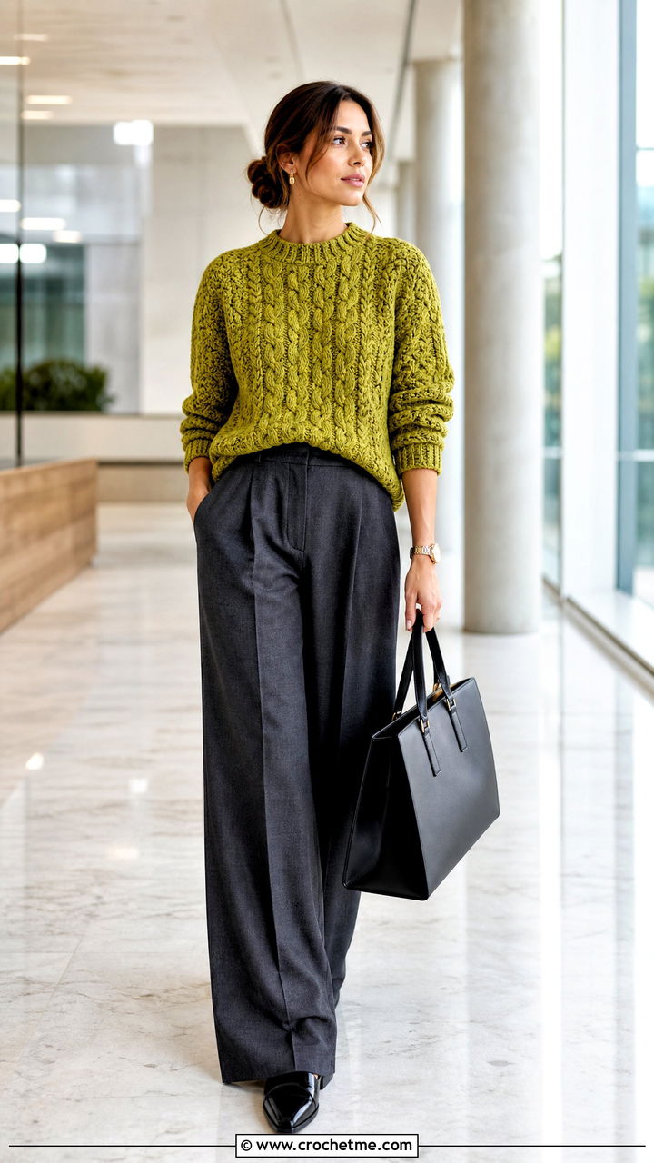 Cable Texture Crochet Sweater With Tailored Trousers - 35 fall crochet sweater outfit ideas