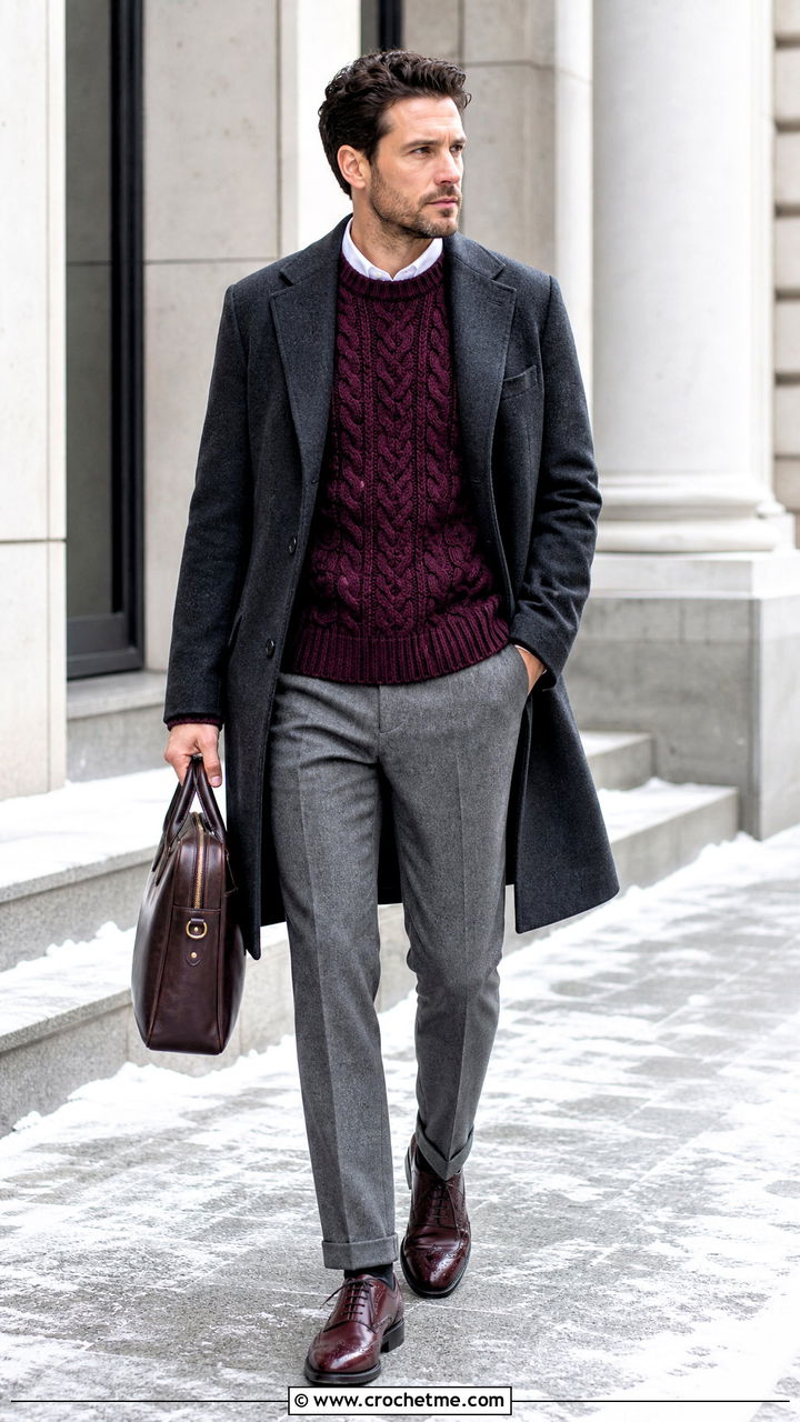 Cable Texture Crochet Sweater With Wool Trousers - 35 crochet sweater for men outfit ideas