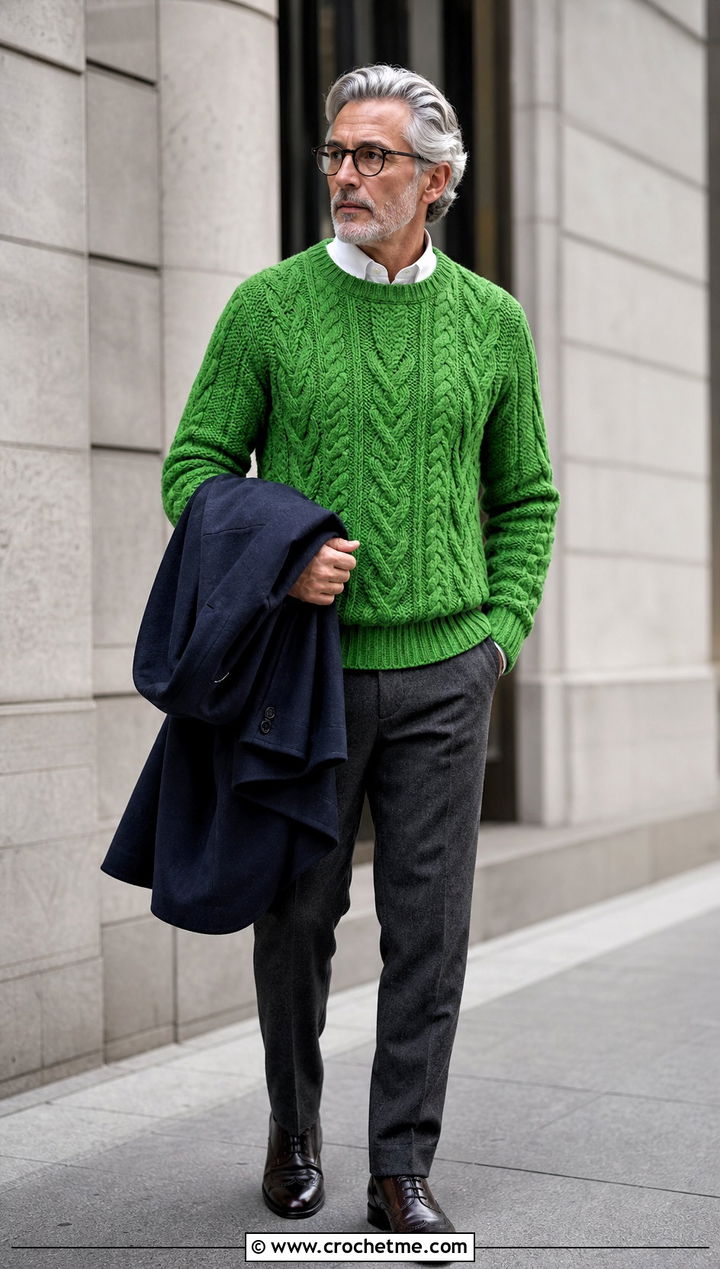 Cable Texture Crochet Sweater With Wool Trousers - 30 men's crochet sweater outfit ideas