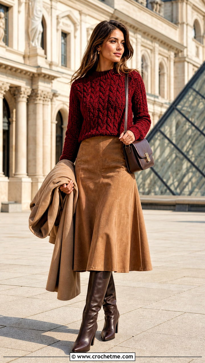 Cable Texture Crochet Top With Suede Skirt - 30 crochet fall tops outfit ideas