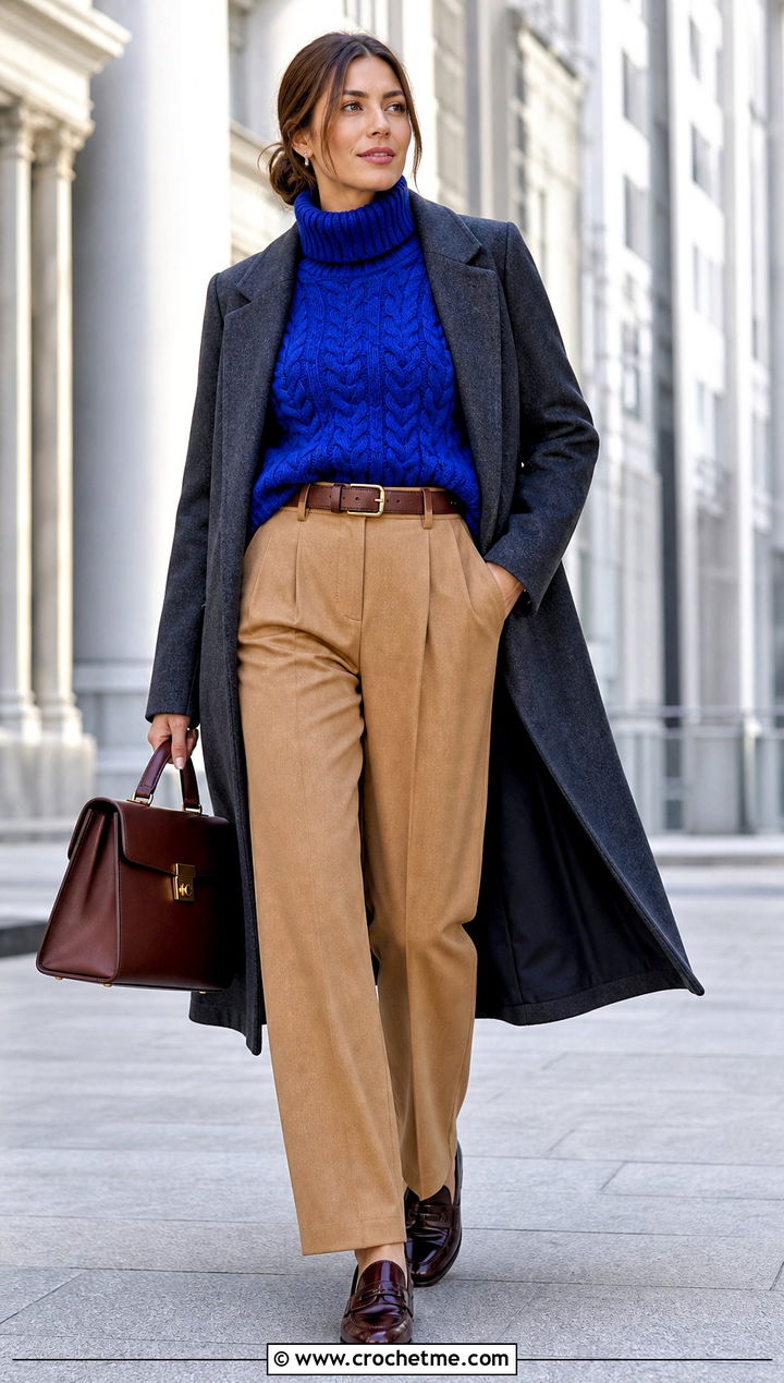 Cable Texture Crochet Turtle Neck Sweater With Wool Trousers - 35 crochet turtle neck sweater outfit ideas