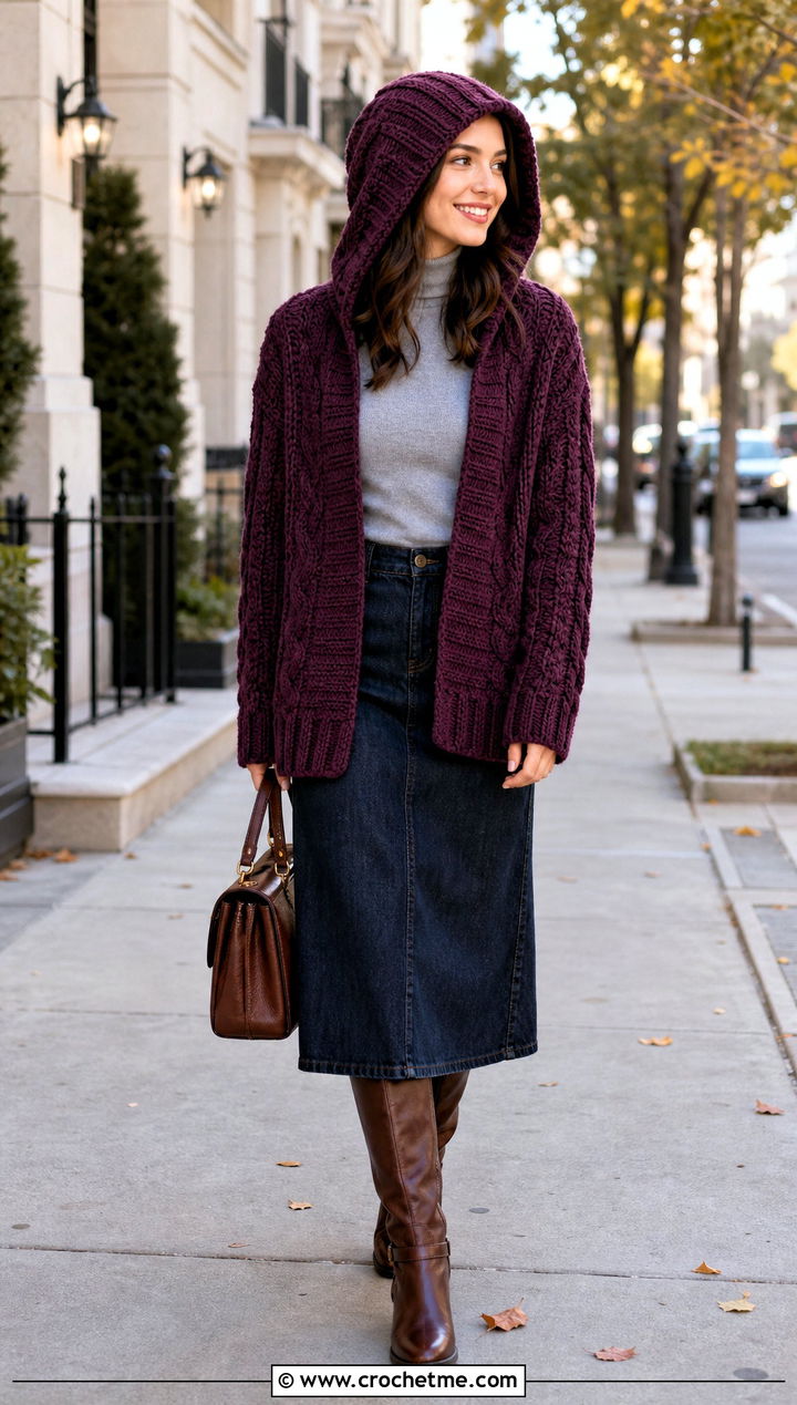 Cable Texture Crochet Turtleneck Hoodie With Denim Midi Skirt - 35 crochet turtleneck hoodie outfit ideas