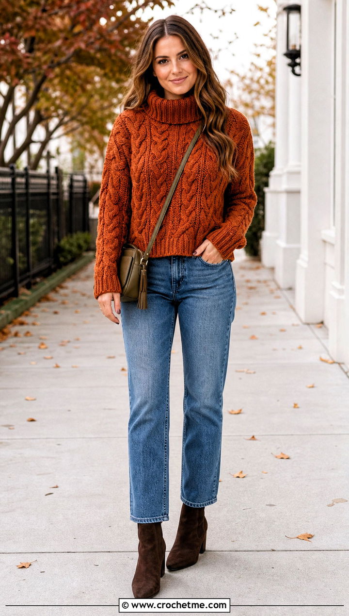 Cable Texture Crochet Turtleneck Top With Straight Jeans - 30 crochet turtleneck top outfit ideas