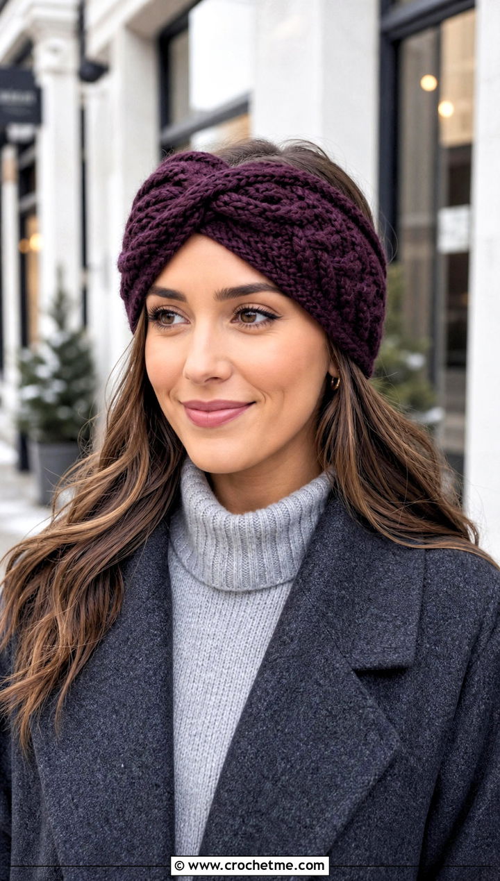 Cable Texture Crochet Twist Headband With Sweater Dress - 30 crochet twist headband outfit ideas