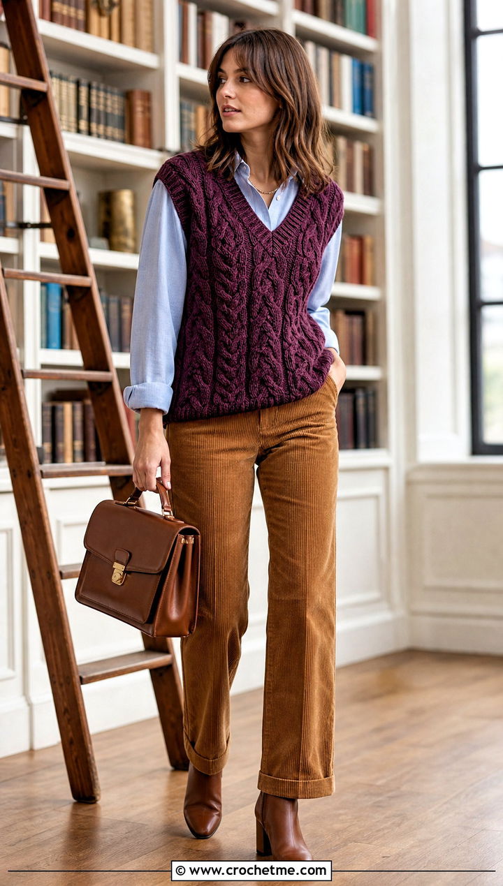 Cable Texture Crochet V Neck Vest With Corduroy Trousers - 30 crochet v neck vest outfit ideas