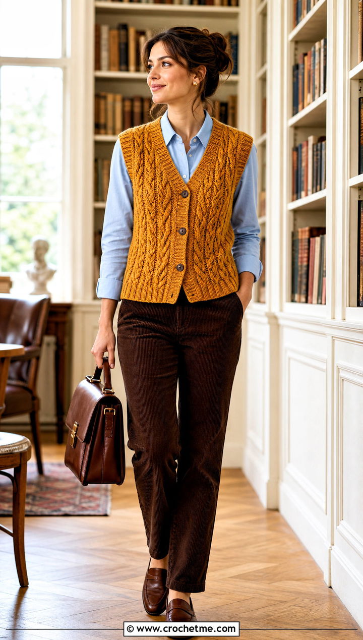Cable Texture Crochet Vest With Corduroy Pants - 35 crochet vest outfits for women outfit ideas