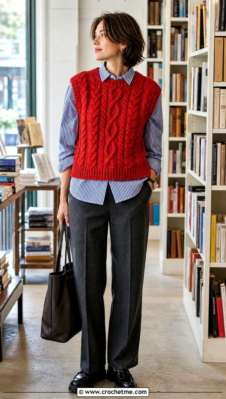 Cable Texture Crochet Vest With Straight Leg Pants - 20 Crocheted Vests For Women outfit ideas