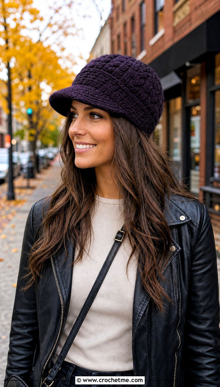 Cable Texture Crochet Visor Beanie With Leather Jacket And Jeans - 30 crochet visor hat outfit ideas