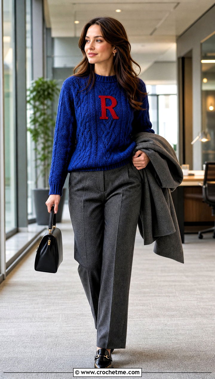 Cable Texture Crochet Weasley Sweater With Wool Trousers - 35 crochet weasley sweater outfit ideas