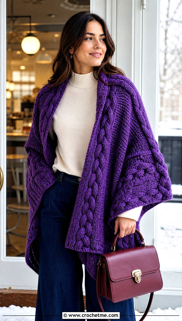 Cable Texture Crochet Winter Shawl With Wide Leg Jeans - 15 Crochet Winter Shawl outfit ideas