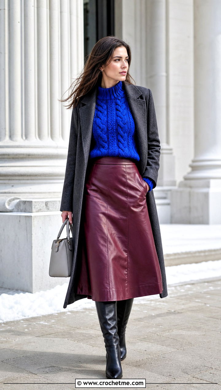 Cable Texture Crochet Wool Top With Leather Midi Skirt - 35 crochet wool top outfit ideas