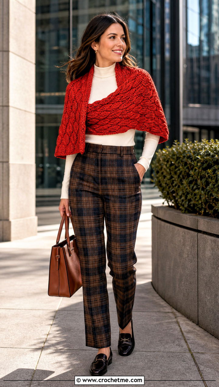 Cable Texture Crochet Wrap Shrug With Plaid Trousers - 35 Crochet Wrap Shrug outfit ideas