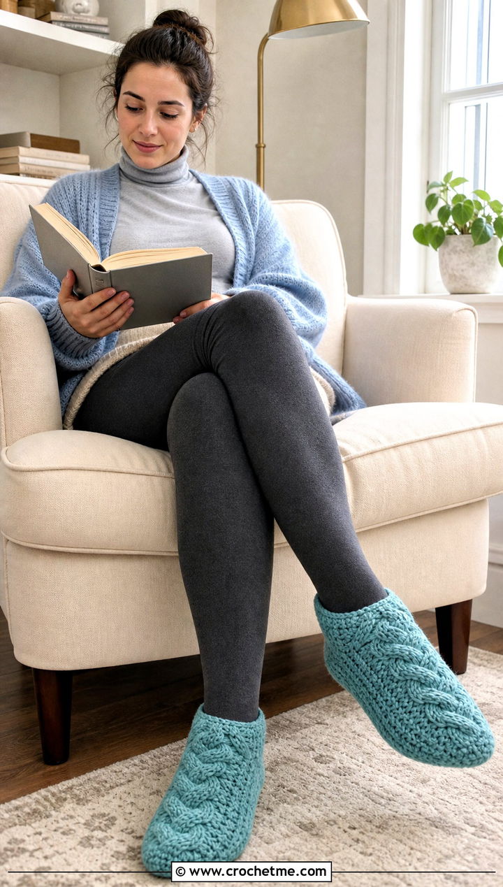 Cable Texture Crocheted Slipper Socks With Turtleneck And Knit Shorts - 15 Crocheted Slipper Socks outfit ideas