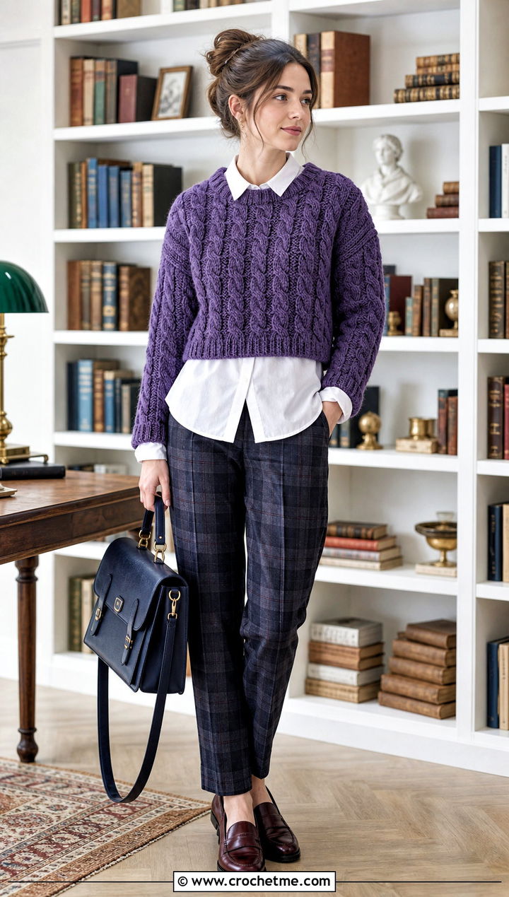 Cable Texture Cropped Crochet Sweater With Plaid Trousers - 35 crop crochet sweater outfit ideas