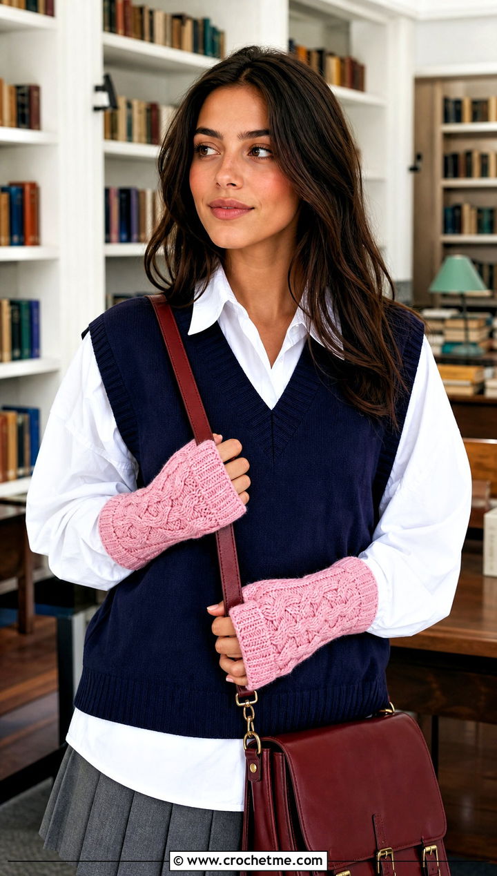 Cable Texture DK Yarn Crochet Fingerless Gloves With Sweater Vest - 25 dk yarn crochet fingerless gloves outfit ideas