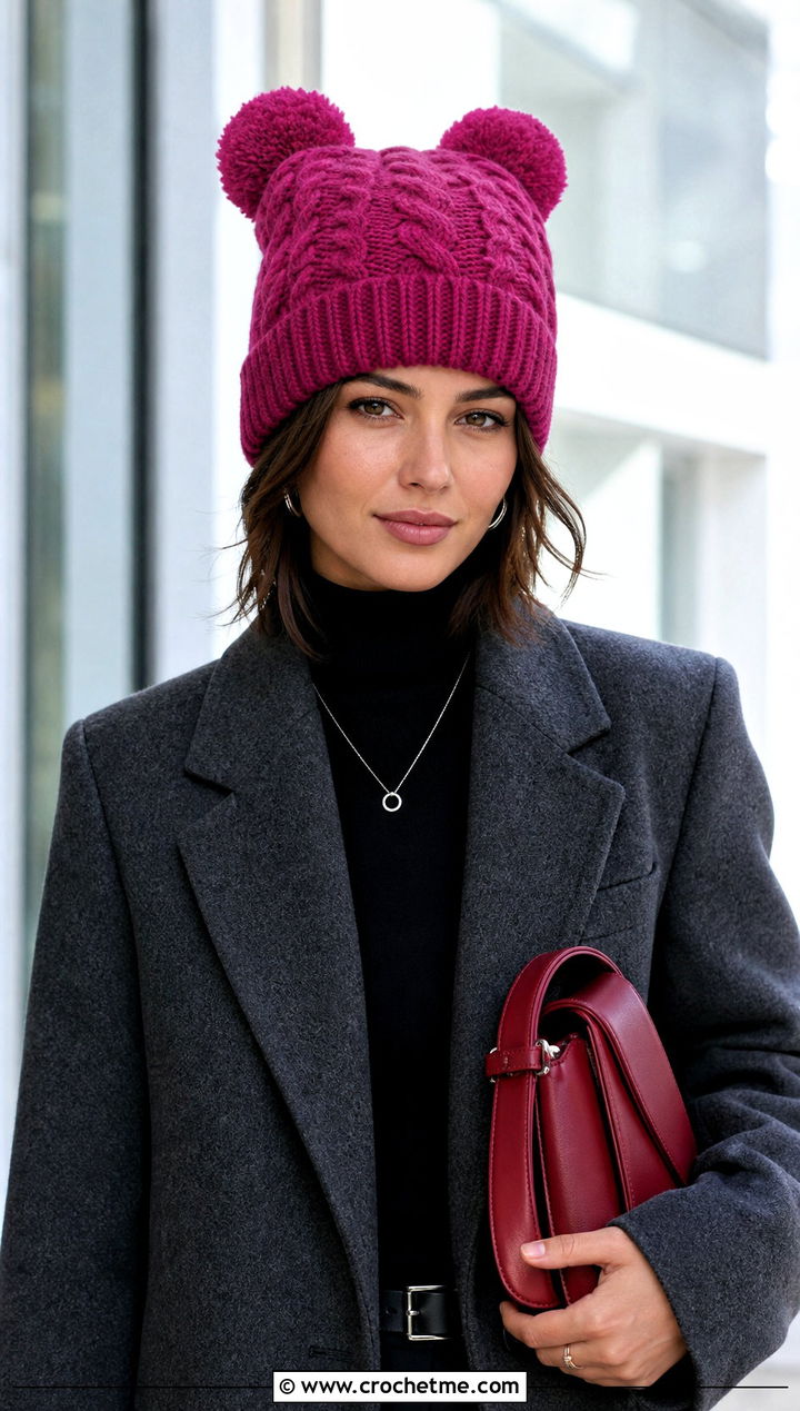 Cable Texture Double Pom Hat With Blazer - 20 Crochet Hat With Two Pom Poms outfit ideas