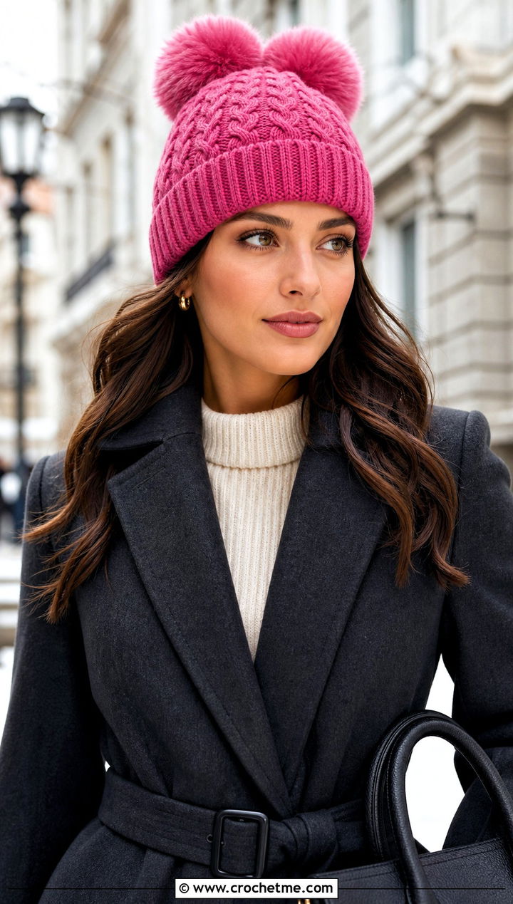 Cable Texture Double Pom Pom Hat With Sweater Dress - 25 Crochet Double Pom Pom Hat outfit ideas