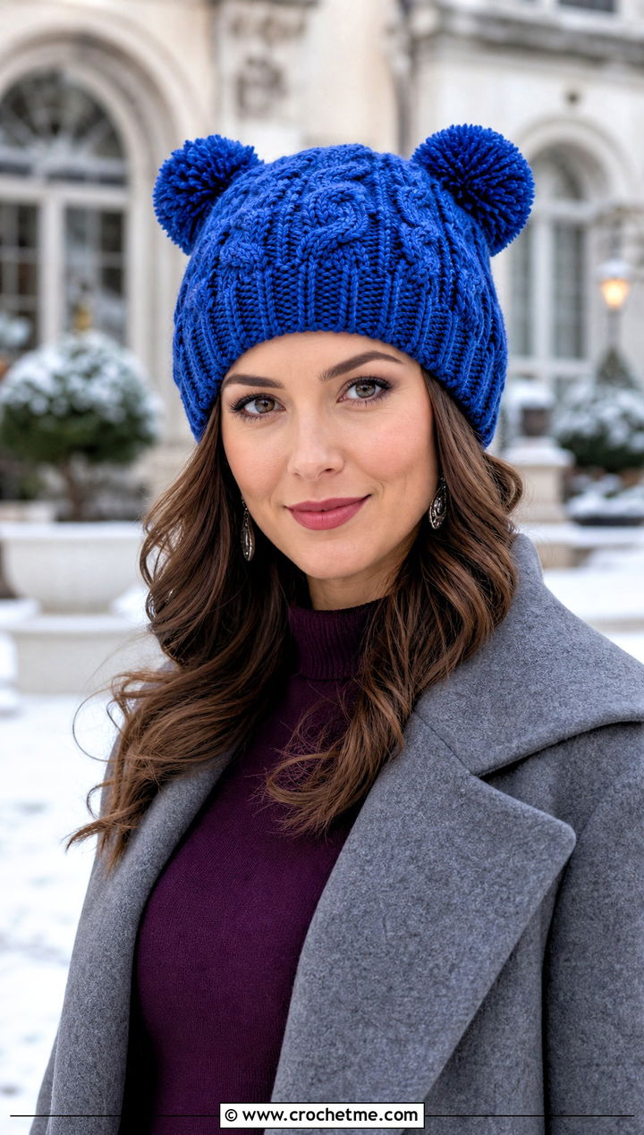 Cable Texture Double Pompom Crochet Hat With Sweater Dress - 25 Double Pompom Crochet Hat outfit ideas