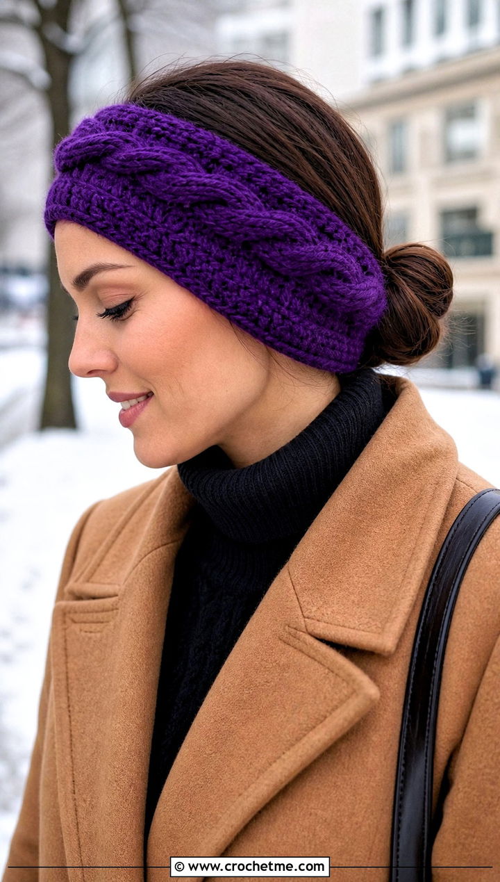 Cable Texture Elastic Crochet Headband With a Wool Coat - 25 Crochet Headbands With Elastic outfit ideas