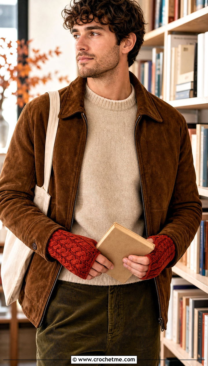 Cable Texture Fingerless Crochet Gloves With Corduroy Pants - 25 men's crochet gloves outfit ideas