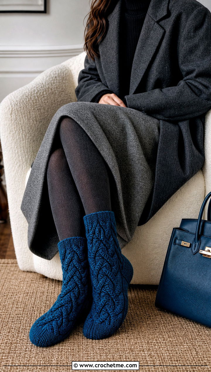 Cable Texture Flat Crochet Socks With Wool Coat And Midi Skirt - 25 flat crochet sock outfit ideas