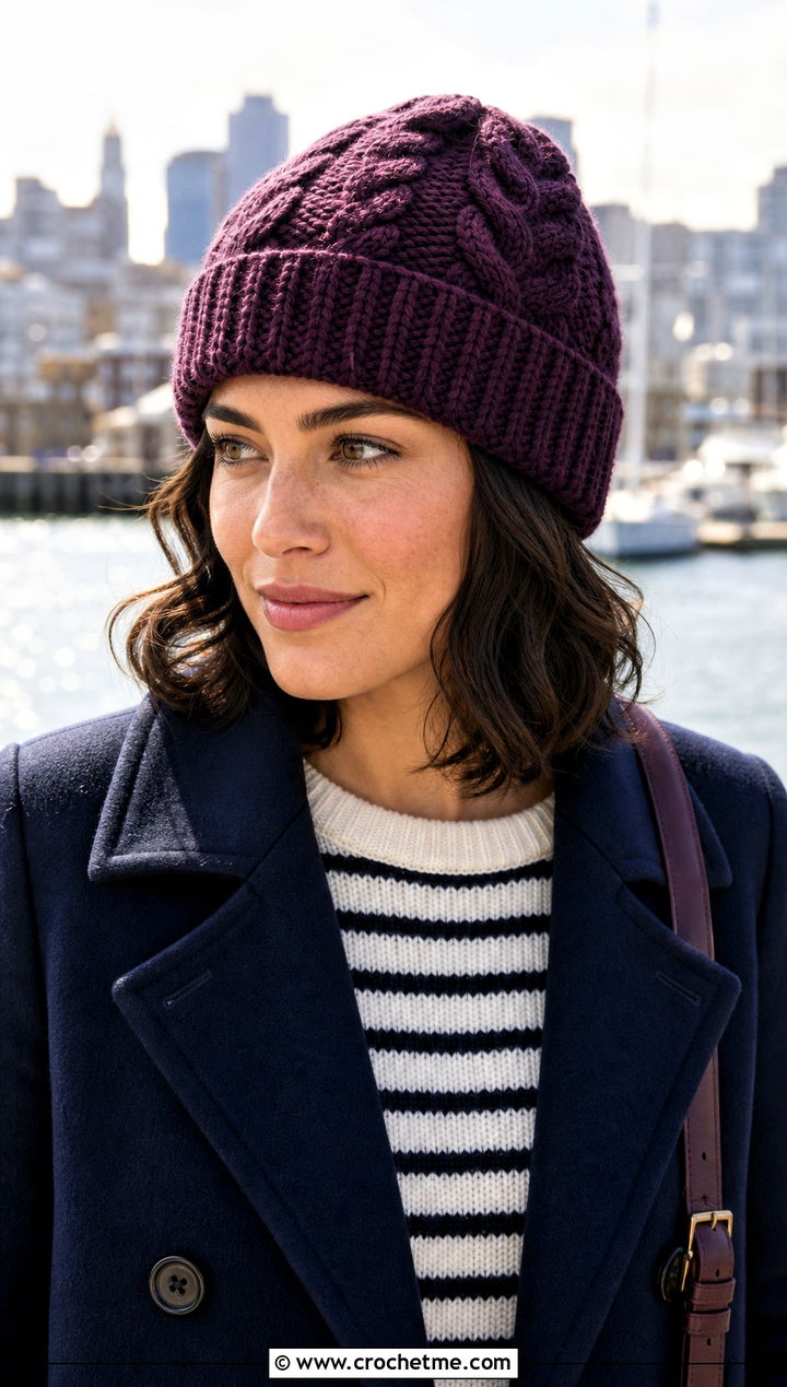 Cable Texture Highland Crochet Beanie With Peacoat - 15 highland crochet beanie outfit ideas